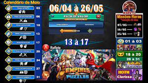 Aggiornato col nuovo evento in arrivo e anche con le date delle imprese rare, che vi ricordiamo che sono approssimative. 2020 May Calendar Events Trials Rare Quests Atlantis Valhalla Tentative Player Guides Empires Puzzles Community Forum