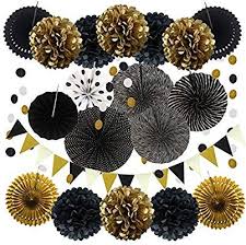 Black And Gold Pom Poms Decorations Amazon Com Zerodeco Party Decoration 21 Pcs Black And Gold Hanging Paper Fans Pom Poms F Gold Wedding Decorations Engagement Decorations Wedding Decorations