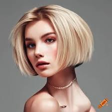 A stylish short (jaw-length) blonde classic round bob, high stacked in the  neck, with a bold and iconic look