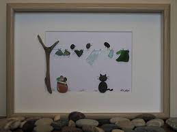 Pebble Art Picture Two Birds Cat Washing Line With Sea Glass Etsy Pebble Art Art Pictures Pictures For Sale