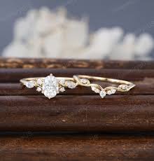 1ct Oval Cut Engagement Ring Set Unique Yellow Gold Ring Vintage Marquise  Cluster Ring Curved Match Stack Wedding Band Bridal Promise Ring
