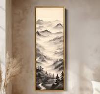 Verticale Chinese Landschapsschildering Lange Ingelijste Canvasdecoratie