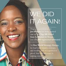 🔥 WE DID IT AGAIN! 🔥 Huge congratulations to Jeri Brooks for being named  one of the Top 100 Hired Gun Lobbyists in Texas—out of 1,800 registered  lobbyists! 🏆👏 At One World