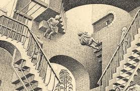 Illustration of an impossible geometric staircase in a mysterious room. Mc Escher S Relativity Sets New World Records