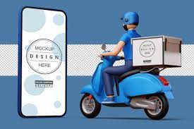 Download Premium Psd Delivery Man Riding A Motorcycle With Delivery Box And Big Phone In 3d Rendering