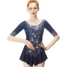 Dark Blue Lace Flower Decoration Crystal Diamond Figure Skating Dress For Girls And Women Figure Skating Dresses Competition Skating Dress Skating Dresses
