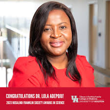 Health services researcher and clinical associate professor Lola E.  Adepoju, Ph.D., M.P.H., has won the 2023 @rosalindfranklinsociety Awards in  Science in the category of medicine and surgery for her paper, “Comparing  In-Person