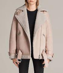 Allsaints Hawley Oversized Shearling Biker Jacket Leather Jackets Women Pink Biker Jacket Biker Jacket