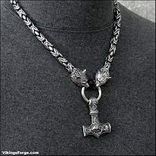 Viking King Necklace With Large Mjolnir On Snarling Wolf Head Borobudur Design Chain Necklace With Torc Ring Con Silver Necklace Outfit Chain Necklace Necklace
