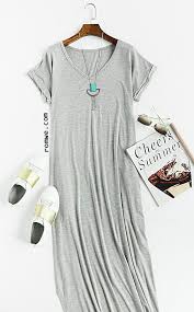 Grey Rolled Cuff Pockets Split Maxi Dress Season Spring Type Tshirt Pattern Type Plain Co Maxi Tshirt Dress Tshirt Dress Pattern Grey Tshirt Dress Outfit