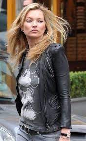 Nieqii Kate Moss Mickey Mouse T Shirt Leather Jacket Celebrities Leather Jacket Leather Jacket Kate Moss Street Style