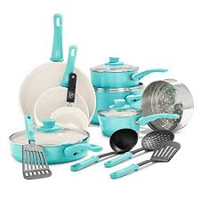 Greenlife Soft Grip Healthy Ceramic Nonstick 16 Piece Turquoise Greenlife In 2020 Ceramic Cookware Set Ceramic Non Stick Pots And Pans Sets