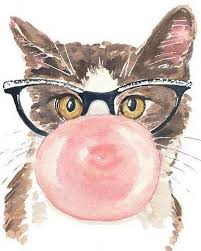 Cat Wearing Eyeglasses Blowing A Bubble With Pink Bubble Gum Art Watercolor Cat Watercolor Print Cat Art