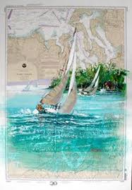 Puget Sound Mixed Media Painting On Nautical Chart Signed