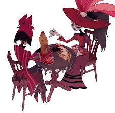 alastor (hazbin hotel), rosie (hazbin hotel), hazbin hotel, absurdres,  highres, 1boy, 1girl, demon, demon boy, demon girl, disembodied hand,  dress, entrails, organs, papelnln, red dress, red hair, sitting, table -  Image View - |