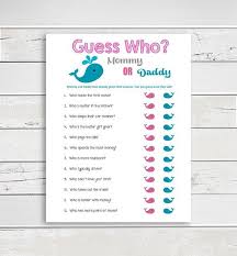 This Guess Who Instant Download Baby Shower Game Features A Large Blue Whale And Smaller Pink And Blu Neutral Baby Shower Beach Baby Showers Baby Shower Themes