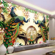 Wholesale Large Painting Home Decor Peacock Green Branches Murales De Pared 3d Wallpaper Hotel Background Moder Modern Mural Peacock Wall Art Peacock Wallpaper