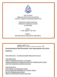 Polis diraja malaysia (pdrm) akan meningkatkan penguatkuasaan prosedur operasi standard (sop) sepanjang perayaan kuala lumpur: Teks Ucapan Perutusan Jom Ke Sekolah 2020