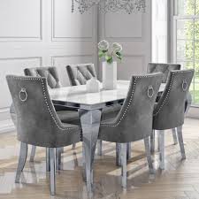 Our knowledgeable team can help you ensure your table will seat just the right. 6 Seater Dining Set With White And Mirrored Table And Grey Velvet Chairs Jade Boutique Buyitdirect Ie