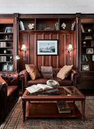 Nicely Done Wood Paneled Room And Leather Furniture Vintage Home Offices House Interior Home Office Design