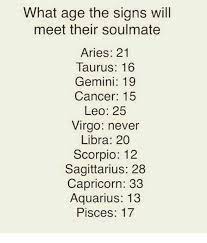 Cancer soulmate in astrology — explore zodiac sign connection to find best pair for deep relationships. What Age The Signs Will Meet Their Soulmate Aries 21 Taurus 16 Gemini 19 Cancer 15 Leo 25 Virgo Never Libra 20 Scorpio 12 Sagittarius 28 Capricorn 33 Aquarius 13 Pisces 17 Aquarius Meme On Me Me