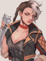 tama (ponz3o1), loba (apex legends), apex legends, 1girl, black hair, black  jacket, braid, breaking the law loba, breasts, brown eyes, choker,  cleavage, collarbone, grey hair, head tilt, holding, holding staff, jacket,  looking