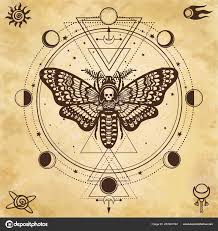 Download Royalty Free Mystical Drawing Moth Dead Head Circle Of A Phase Of The Moon Sacred G Sacred Geometry Tattoo Sacred Geometry Art Alchemy Illustration