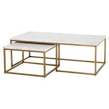 Carol Modern Classic White Marble Top Brushed Gold Nesting Rectangular Coffee Table Set 51 W 60 W Kathy Kuo Home Glass top coffee tables allow the carpet colour to show through, making a room look inviting and spacious.