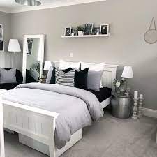 Light Grey And White Modern Bedroom With Picture Shelf Styling And Bedside Tables A Reading White Bedroom Decor Bedroom Inspiration Grey White Bedroom Design