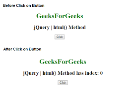 Set the html contents of each element in the set of the.html() method is not available in xml documents. Jquery Html Method Geeksforgeeks