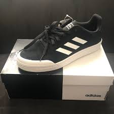Adidas Black And White Striped Shoes Adidas Court70s Black With White Stripes And Sole Brand New Shoes But The Box Is Not In Perfect Shape Hope U Enjoy Them Adidas Sneakers Sneakers Adidas
