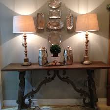 Console Hall Entry Table Lamps With Linen Shades Silver Trays Silver Lamp Entry Table Lamp