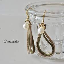 スエード調革ひも ハンドメイドピアス カーキ ベージュ crealindo ピアス ハンドメイド アクセサリー レザージュエリー