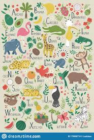 Scientist and lonely planet pathfinder huw james shares his top tips for travelling in the amazon rainforest and survival tips for aspiring world explorers. Tropical Alphabet For Children Cute Flat Abc With Jungle Animals Fruit Birds Plants Vertical Layout Funny Poster For Teaching Stock Vector Illustration Of Educational Funny 179966716