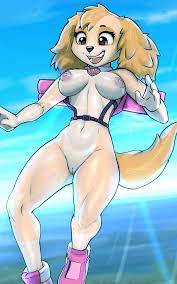 4 fingers anthro breasts canid canine canis cockapoo diacordst  domestic dog female fingers flying fur genitals hi res jet pack mammal  mixed breed nude open mouth paw patrol pink