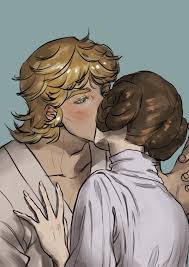 2sunoftatooine, luke skywalker, princess leia, star wars, star wars: a new  hope, highres, 1boy, 1girl, animification, blonde hair, blue background,  blue eyes, brother and sister, hetero, incest, kiss, siblings, simple  background -