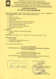 Info loker las kulonprogo / info loker las kulonprogo : Disnakertrans Lowongan Kerja Operator Produksi Pt Nata Jaya Indonesia