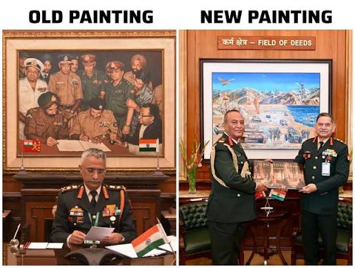 A new painting adorning the Army Chief's lounge, where he greets visiting dignitaries, has miffed the veteran community. The new painting replaced the one showing the surrender during the 1971 Bangladesh war.