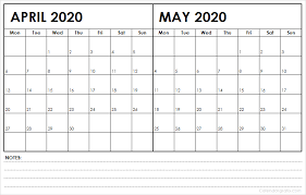 Two Month April May 2020 Calendar Printable Template With Notes In 2020 Calendar Printables Holiday Calendar Template Printable
