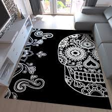 Sie sind auf der suche nach einem extravagangten teppich? Jugendzimmer Teppich Modern Schwarz Weiss Kunstvoll Totenkopf Motiv T001v Ceres Webshop