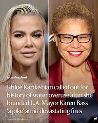 Khloé Kardashian is facing backlash after criticizing L.A. Mayor Karen Bass  over wildfire response, with critics highlighting her family's past water  overuse during a drought. Some accuse her of hypocrisy, pointing to