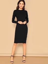 Button Detail Ribbed Knit Dress Shein Sheinside Robe Hiver Black Midi Robe