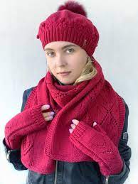 Knitted Hat Scarf Gloves Set Red Knit Set For Women Fingerless Gloves French Beret Large Knit Scarf Beret Scarf Set Fur Pompom Hat Knitted Hats Hat Scarf Gloves Set Knit Scarf