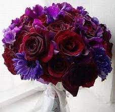 This red wedding bouquet, complete with a long gauzy ribbon and trailing greenery, just screams tropical. Purple Red Weddings Weddingbee Purple Wedding Bouquets Purple Bouquets Red Wedding Flowers