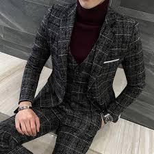 Black And White Check Coat Pant Gray Windowpane Three Piece Suit Inspiration With A Black Turtleneck White Pocket Square Black Leather Banded Wat Checkered Suit Mens Tweed Suit Suits Clothing