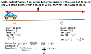 Check spelling or type a new query. Mathematical Puzzles A Car Covers 1 3 Of The Distance With A Speed Of 20 Km Hr And 2 3 Of The Distance With A Speed Of 60 Km Hr What Is The Average Speed Quora