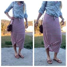 9 23 Stripped Maxi Dress Knotted At Bottom Tied Jean Shirt Maroon Flip Flops And Purse Stripped Maxi Dresses Maxi Dress Outfit Summer Maxi Skirt Outfits
