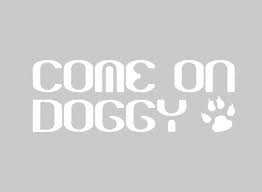 Eliminating the space between the two words, the letter e and substituting the o in come with an apostrophe. Come On Doggy