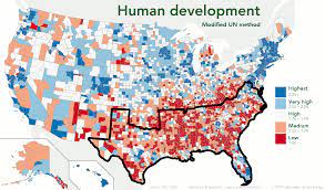 Borders Of The Confederacy Superimposed On A Map Of Human Development In The Us Human Development Map Cartography Map