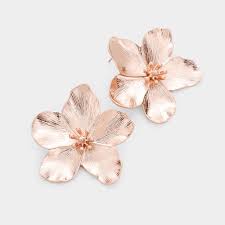 Primrose 18k rose gold round stud, triangle stud, disc & huggie earring set sale $80.00. The Trina Rose Gold Flower Earrings Statement Jewelry